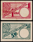 Teià. 50 céntimos y 1 peseta. (T. 2840 y 2841). 2 billetes, todos los de la localidad. MBC-/EBC-.