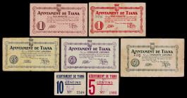 Tiana. 5, 10, 25, 50 céntimos (dos) y 1 peseta (dos). (T. 2852 a 2858). 5 billetes y 2 cartones, todos los de la localidad. Conjunto raro. BC+/EBC.
