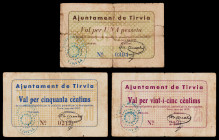 Tírvia. 25, 50 céntimos y 1 peseta. (T. 2862 a 2864). 3 billetes, serie completa. Nº 217, 233 y 0304. Rarísimos. BC-/MBC-.