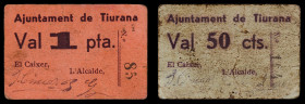 Tiurana. 50 céntimos y 1 peseta. (T. 2865 y 2866). 2 cartones, todos los de la localidad. Nº 85 y 104. Rarísimos. BC+/MBC-.