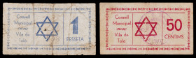 Toló. 50 céntimos y 1 peseta. (T. 2892 y 2893). 2 billetes, todos los de la localidad. Nº 093 y 307. La peseta rota y pegada en la época. Raros. BC-/B...