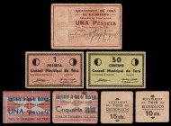 Torà de Riubregós. 10, 15, 50 céntimos (dos) y 1 peseta (tres). (T. 2896 a 2898, 2899a, 2900a, 2901 y 2902). 3 billetes y 4 cartones, todos los de la ...