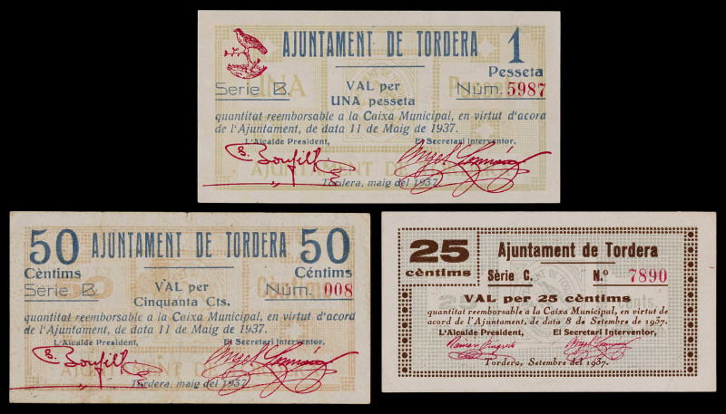 Tordera. 25, 50 céntimos y 1 peseta. (T. 2905b, 2906c y 2907). 3 billetes, una s...