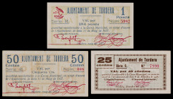 Tordera. 25, 50 céntimos y 1 peseta. (T. 2905b, 2906c y 2907). 3 billetes, una serie completa. Los 50 céntimos, nº 008. Escasos. MBC-/EBC.