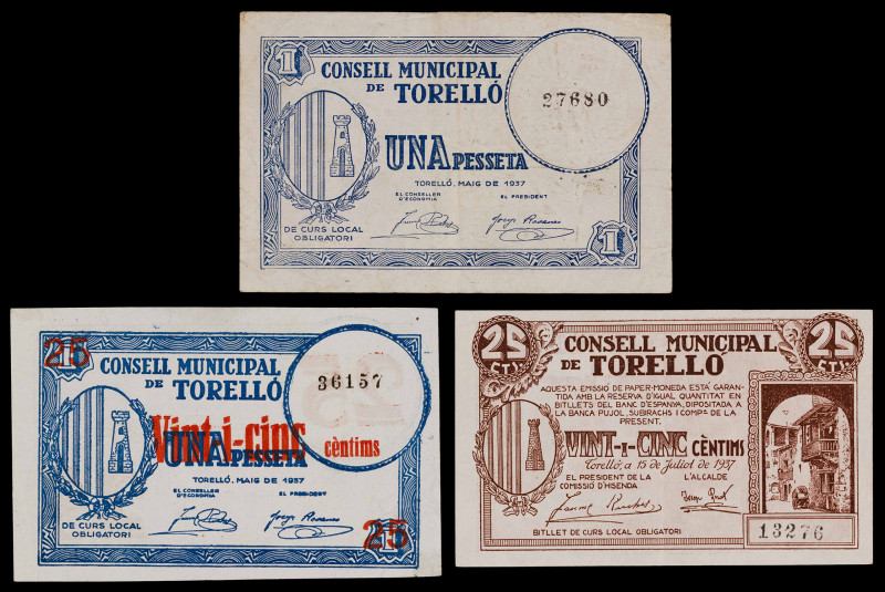 Torelló. 25 céntimos (dos) y 1 peseta. (T. 2908b, 2909 y 2910). 3 billetes, todo...