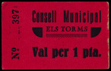 Els Torms. 1 peseta. (T. 2911). Cartón, nº 397. Rarísimo y más así. EBC-.