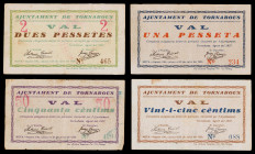 Tornabous. 25, 50 céntimos, 1 y 2 pesetas. (T. 2920a, 2921, 2922a y 2923). 4 billetes, serie completa. Todos con numeración inferior a 500. Muy raros....