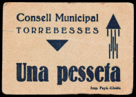 Torrebesses. 1 peseta. (T. 2948). Cartón. Extremadamente raro, sólo hemos tenido otro ejemplar, el de la Colección Balsach 17/12/1996. MBC-.