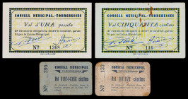 Torrebesses. 15, 25, 50 céntimos y 1 peseta. (T. 2949, 2950, 2951 var y 2952c). 2 billetes y 2 cartones, 2 series completas. Los 15 céntimos, nº 133 y...