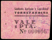 Torrefarrera. Sindicato Agrícola y Caja Rural. 1 peseta. (T. 2956, sin imagen) (RGH. falta). Cartón, nº 000096. Escrito en castellano. Dos puntos de a...