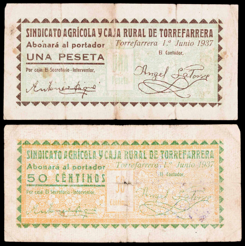 Torrefarrera. Sindicato Agrícola y Caja Rural. 50 céntimos y 1 peseta. (T. 2958 ...