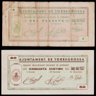 Torregrossa. 50 céntimos y 1 peseta. (T. 2960 y 2961). 2 billetes, todos los del Ajuntament. El de 50 céntimos, nº 0097. Muy raros. BC/MBC+.