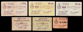 Torrelameu. 10, 25, 50 céntimos (dos) y 1 peseta (dos). (T. 2962 a 2967). 3 billetes y 3 cartones, todos los de la localidad. Conjunto raro. BC+/EBC-....