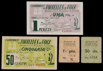 Torrelles de Foix. 50 céntimos (dos) y 1 peseta (dos). (T. 2968b, 2969a, 2970 y 2971b). 2 billetes y 2 cartones, éstos raros, todos los de la localida...