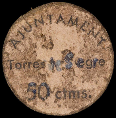 Torres de Segre. 50 céntimos. (T. 2975a). Cartón redondo. Rarísimo. BC+.