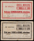 Torroella de Fluvià. 25 y 50 céntimos. (T. 2977 y 2978). 2 billetes. Nº 191 y 301. Muy raros. BC+/MBC-.