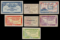 Torroella de Montgrí. 10, 25, 50 céntimos (dos) y 1 peseta (tres). (T. 2979d, 2980, 2981a y 2983 a 2986). 7 billetes, 2 series completas. Uno de 50 cé...