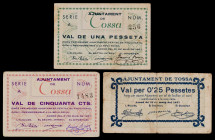 Tossa. 25, 50 céntimos y 1 peseta. (T. 3002, 3003ab y 3006). 3 billetes, una serie completa. El de peseta, nº 256. Escasos. BC+/MBC+.