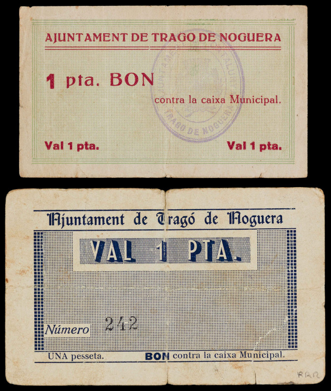 Tragó de Noguera. 1 peseta (dos). (T. 3013b y 3014). 2 billetes, nº 41 y 242. Mu...