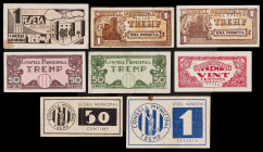 Tremp. 20, 50 céntimos (tres) y 1 peseta (cuatro). (T. 3019 a 3022, 3023a, 3024, 3025a y 3026a). 8 billetes, todos los de la localidad. La primera emi...