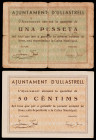 Ullastrell. 50 céntimos y 1 peseta. (T. 3027 y 3028). 2 billetes, todos los de la localidad. El de peseta, nº 127. Raros. BC-/MBC-.
