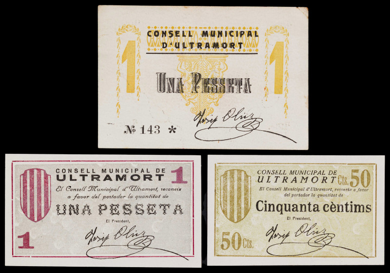 Ultramort. 50 céntimos y 1 peseta (dos). (T. 3040, 3041a y 3042a). 3 billetes, t...