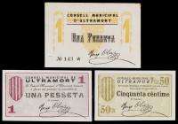 Ultramort. 50 céntimos y 1 peseta (dos). (T. 3040, 3041a y 3042a). 3 billetes, todos los de la localidad. Nº 143, 353 y 383. Conjunto muy raro. MBC+/E...