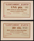 Urtg. 50 céntimos y 1 peseta. (T. 3043b y 3044b). 2 billetes, todos los de la localidad. La peseta, nº 499. Muy raros y más así. EBC/EBC+.