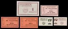 Vacarisses. 10, 15, 50 céntimos (dos) y 1 peseta (dos). (T. 3045a, 3046, 3046a y 3047 a 3049). 6 cartones, todos los de la localidad. Los de 50 céntim...