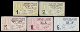 Vallcebre. 5, 10, 25, 50 céntimos y 1 peseta. (T. 3065 a 3069). 5 billetes, todos los de la localidad. Conjunto escaso. MBC-/EBC.
