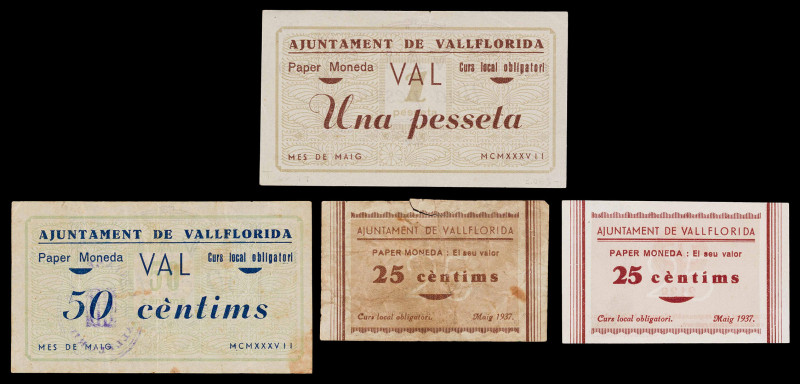 Vallflorida. 25 (dos), 50 céntimos y 1 peseta. (T. 3077 a 3080). 4 billetes, 2 s...