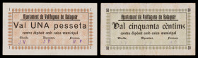 Vallfogona de Balaguer. 50 céntimos y 1 peseta. (T. 3081a y 3082a) 2 billetes, serie completa. Muy raros. MBC-/MBC+.