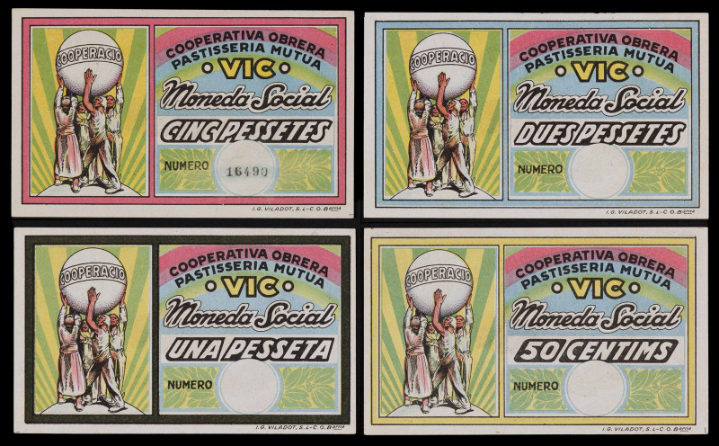 Vic. Cooperativa Obrera. Pastisseria Mutua. 50 céntimos, 1, 2 y 5 pesetas. (AL. ...