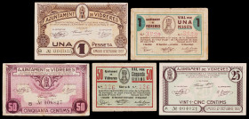 Vidreres. 25, 50 céntimos (dos) y 1 peseta (dos). (T. 3159 a 3162 y 3163a). 5 billetes, todos los de la localidad. Escasos. BC+/EBC.