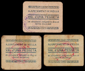 Viella. 1 peseta (tres). (T. 3172, 3173 y 3175). 3 cartones auténticos (error en la descripción de Turró). Muy raros. BC/MBC-.