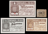 Vilaboi. 10, 25, 50 céntimos y 1 peseta. (T. 3193d, 3194a, 3195b y 3196). 3 billetes, serie completa con la misma numeración (nº 63) y un cartón, éste...
