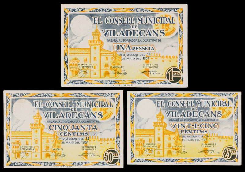 Viladecans. 25, 50 céntimos y 1 peseta. (T. 3200 a 3202). 3 billetes, todos los ...