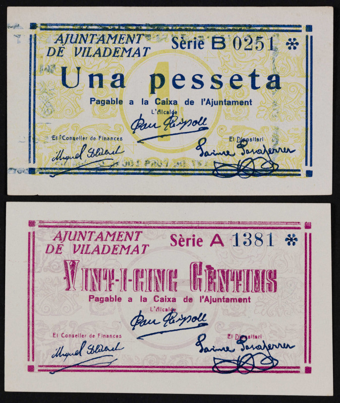 Vilademat. 25 céntimos y 1 peseta. (T. 3208a y 3209). 2 billetes, todos los de l...