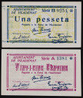 Vilademat. 25 céntimos y 1 peseta. (T. 3208a y 3209). 2 billetes, todos los de la localidad. La peseta, nº 0251. Escasos así. EBC+.