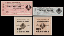 Vilafranca del Penedès. 10, 25 céntimos (dos) y 1 peseta. (T. 3219, 3220a, 3221 y 3221a). 4 billetes, todos los de la localidad. EBC-/EBC+.