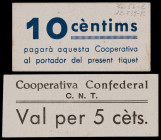Vilafranca del Penedès. Cooperativa Confederal. C.N.T. 5 y 10 céntimos. (AL. 2370 y 2371) (RGH. 10718 y 10719). 2 cartones. El de 5 céntimos, nº 163. ...