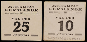 Vilafranca del Penedès. Mutualitat Germanor. 10 y 25 céntimos. (AL. 2384 y 2385) (RGH. 10724 y 10725). 2 billetes, nº 65 y 79. Raros. MBC/MBC+.