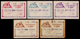 Vilajuïga. 25, 50 céntimos (dos) y 1 peseta (dos). (T. 3222 a 3226). 5 cartones, todos los de la localidad. Uno de 1 peseta, nº 0261. Conjunto muy rar...