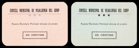 Vilallonga del Camp. 25 y 50 céntimos. (T. 3241 y 3242). 2 cartones. Muy raros y más así. EBC-/EBC+.