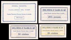 Vilallonga del Camp. 25, 50 céntimos y 1 peseta (dos). (T. 3243 a 3246). 4 billetes, una serie completa. Nº 24, 88 y 98. Raros y más así. MBC+/EBC+....