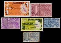 Vilamajor. 25 (dos), 50 céntimos (dos) y 1 peseta (dos). (T. 3252abc, 3253 a 3256 y 3256b). 6 billetes, todos los de la localidad. Uno de 50 céntimos,...