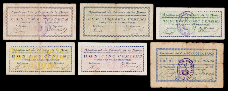 Vilanova de la Barca. 5, 10, 25, 50 céntimos (dos) y 1 peseta. (T. 3271 a 3276)....