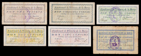 Vilanova de la Barca. 5, 10, 25, 50 céntimos (dos) y 1 peseta. (T. 3271 a 3276). 6 billetes, una serie completa. Los 50 céntimos de la 1ª emisión, nº ...