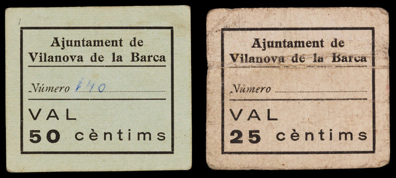 Vilanova de la Barca. 25 y 50 céntimos. (T. 3278 y 3279). 2 cartones, el de 50 c...