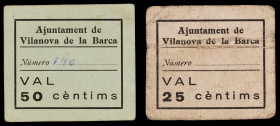 Vilanova de la Barca. 25 y 50 céntimos. (T. 3278 y 3279). 2 cartones, el de 50 céntimos con numeración 140. (¿de época?) Rarísimos. BC/MBC+.